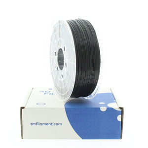 Traffic Black PLA 3D Printer Filament with a diameter of 1.75mm on a 1KG Spool on top of a box.